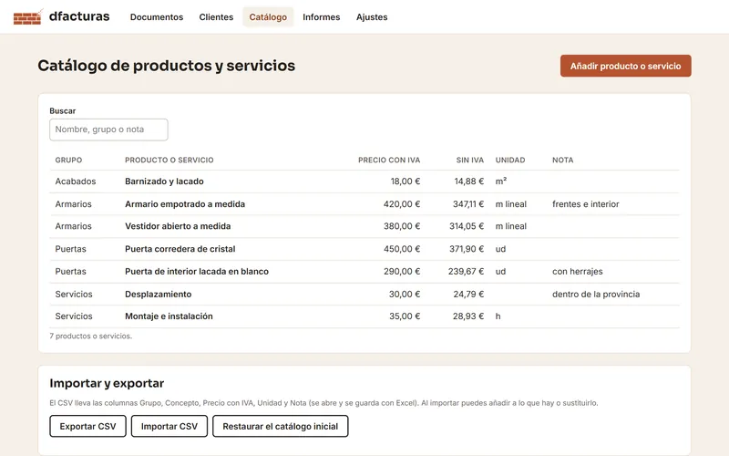 Catálogo de productos y servicios de dfacturas agrupados en acabados, armarios, puertas y servicios, con precio con IVA, sin IVA, unidad y nota.